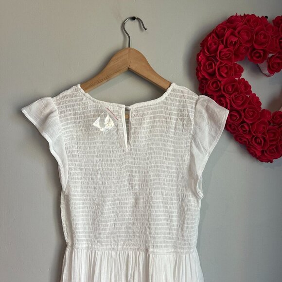 August Sky Womens Smocked Ruffle Sleeve Tiered Midi Summer Dress SMALL White - Picture 6 of 10